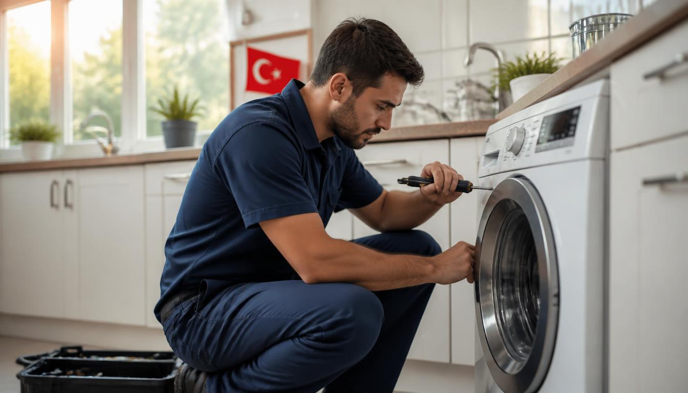 Beyaz eşya teknik servis uzmanı çamaşır makinesi tamir ediyor